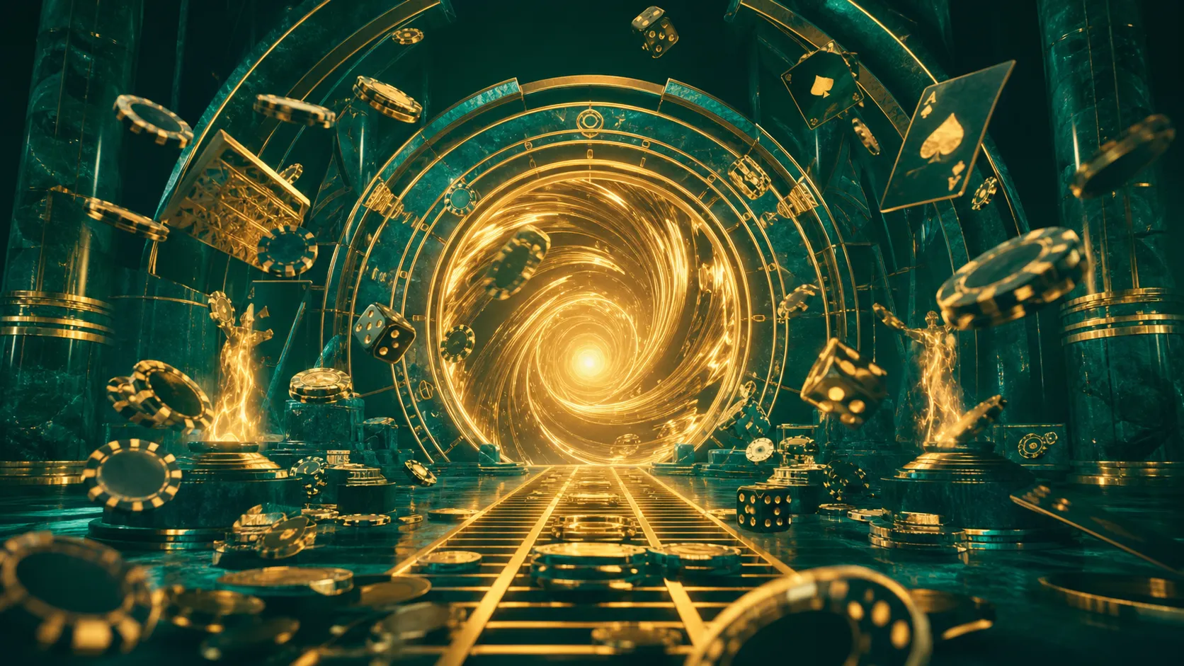 Premium casino-themed banner with luxury items like poker chips, playing cards, and glowing elements in a Betportal-inspired 